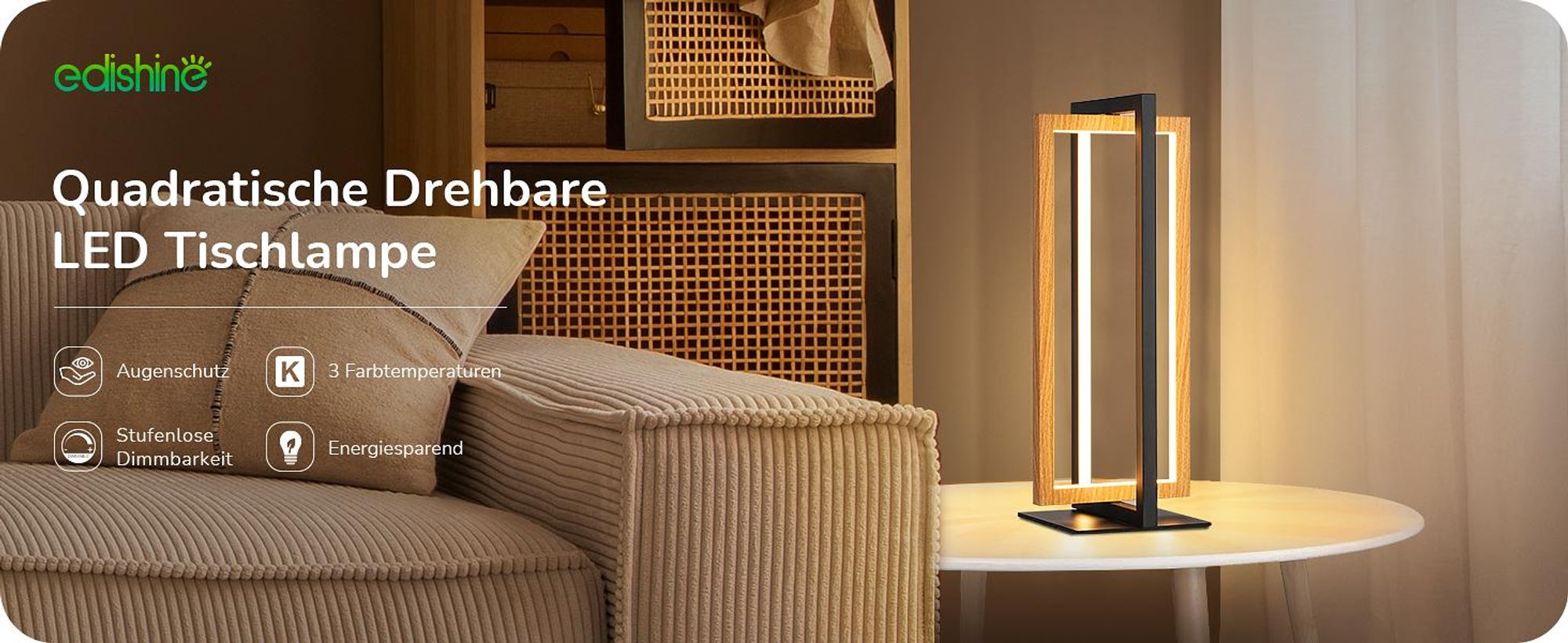 EDISHINE LED Tischlampe Touch Dimmbar, Rotatable Nachttischlampe, Schwarz Holz
