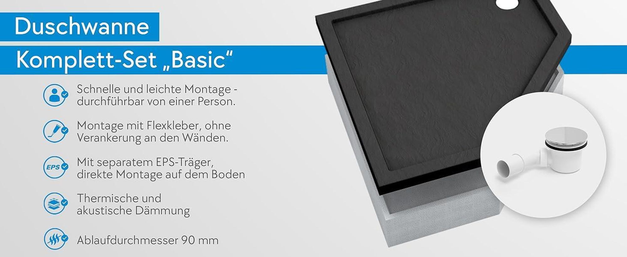 AQUABAD® Duschwanne Komplettset Basic Black Stone 90x90cm Fünfeck inkl. Styroporträger und Ablaufgarnitur Alcadrain A49CR