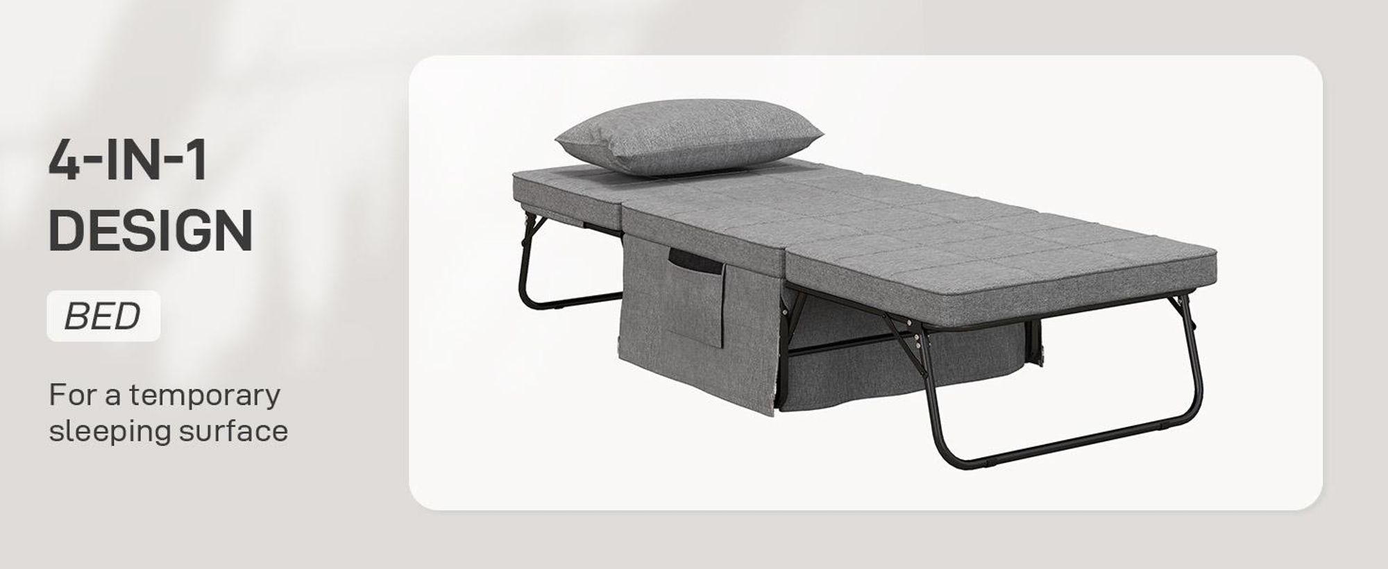 Łóżko składane HOMCOM 4 w 1 75 x 190 cm, łóżko dla dorosłych, składane, z 8-centymetrową grubą pianką, łóżko podróżne z metalową ramą, łóżko pojedyncze z 5-poziomową regulacją wysokości i poduszką, nośność do 150 kg