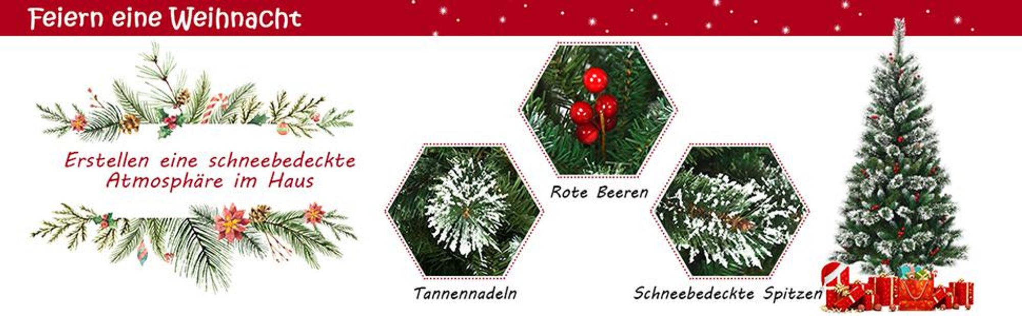 COSTWAY 150cm Künstlicher Weihnachtsbaum mit roten Beeren, schneebedeckter Tannenbaum mit Metallständer, Christbaum PVC- und Tannennadeln, Kunstbaum Weihnachten Klappsystem