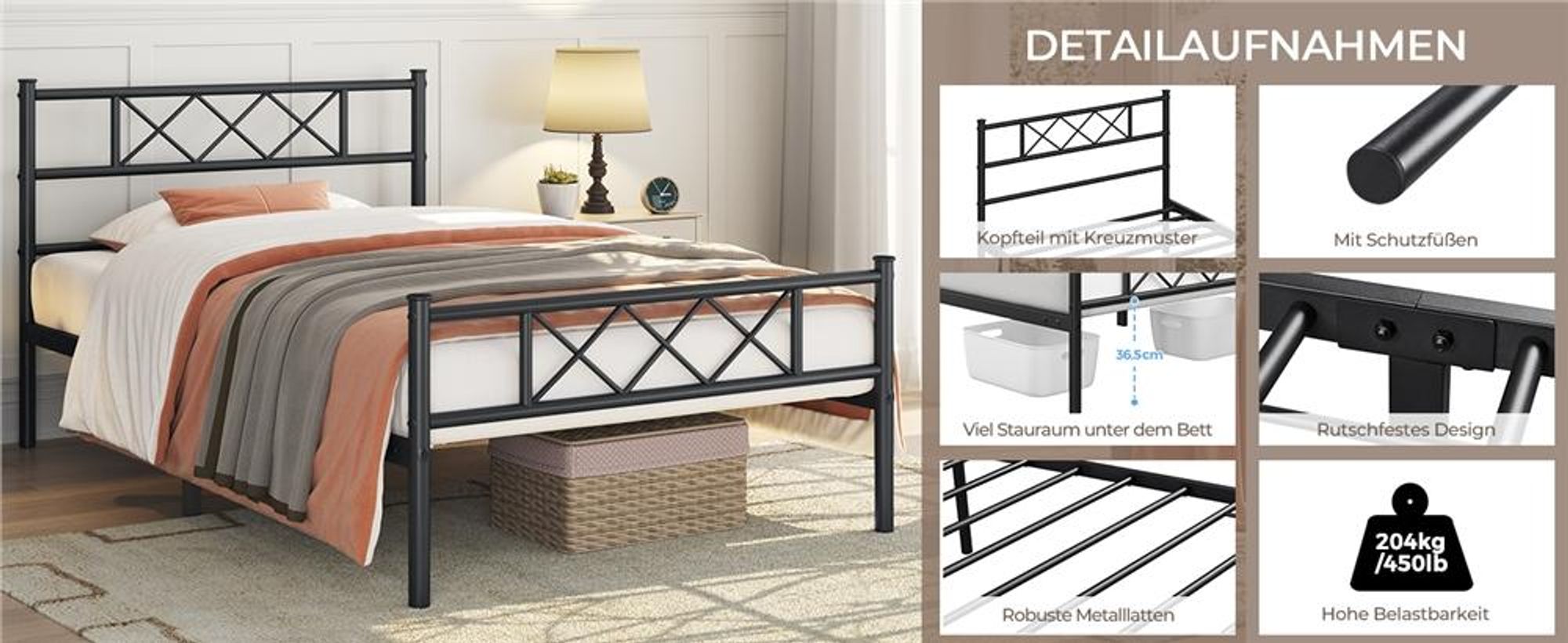 Yaheetech Metallbett Bettgestell mit Kreuzdesign Kopfteil, 90 x 200 cm Bettrahmen, Schwarz