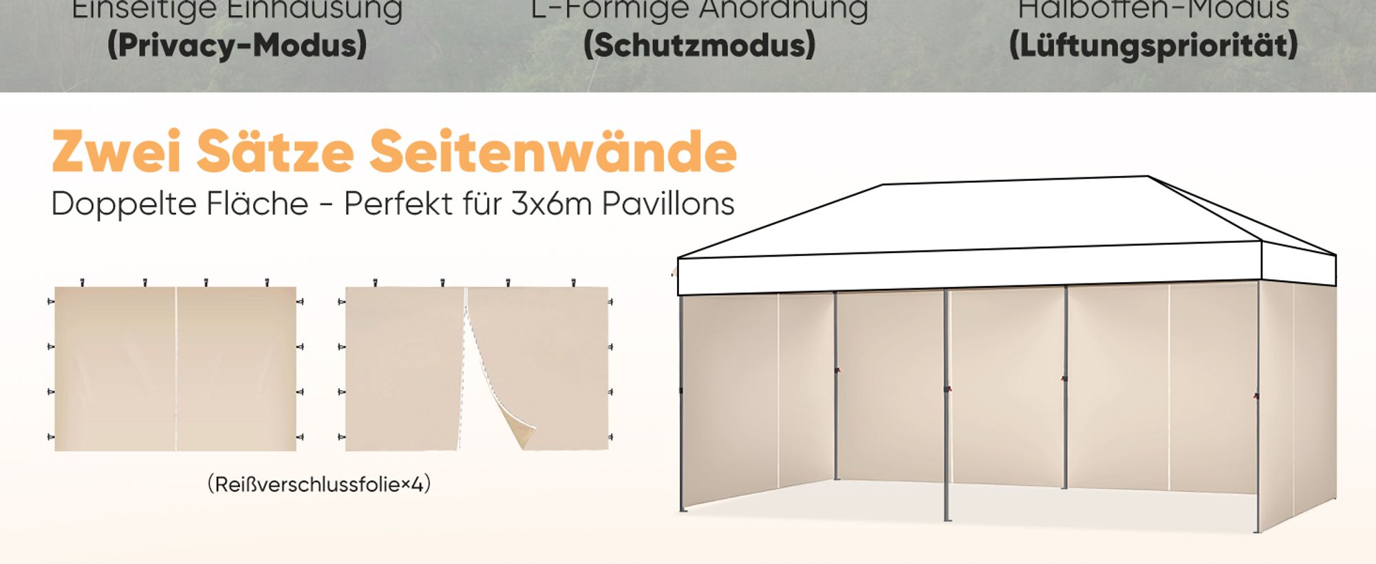 Sekey 2 Seitenteile für 3x3 /3x6m/3x9m pavillon mit Reißverschluss, Taupe