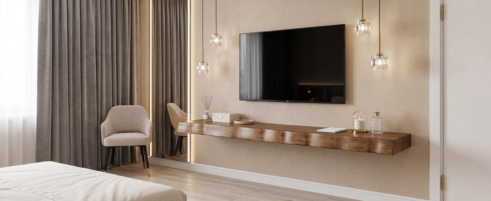 TV-Lowboard für Fernseher bis 65 Zoll, wandmontiertes TV-Regal aus Massivholz, Media-Konsole im Mid-Century-Modern-Stil, 160 cm L x 35 cm B, Braun