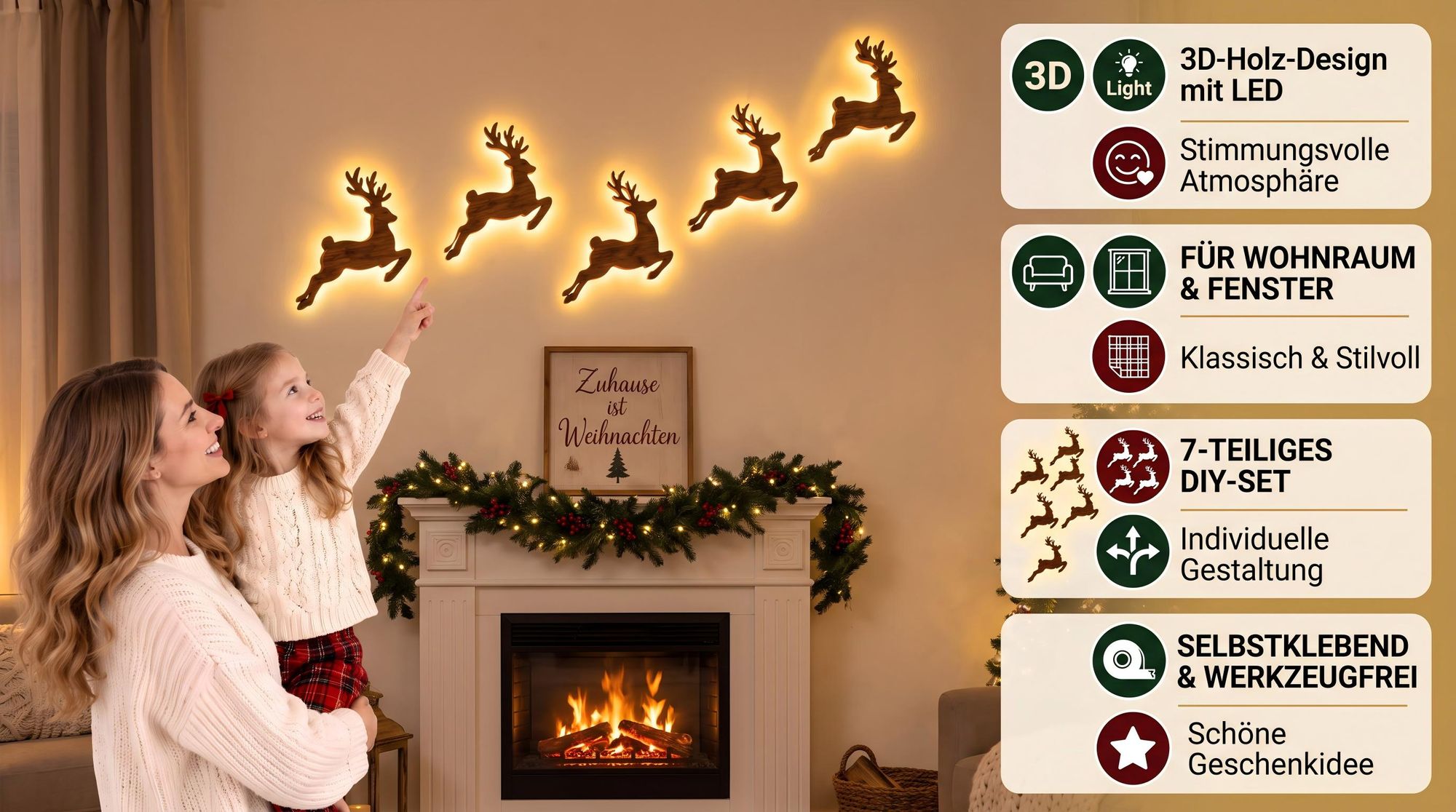LED Weihnachtsdeko Rentier, 7-teiliges 3D Holz Rentier Wanddeko Set, warmweiß beleuchtet, selbstklebend, Weihnachtsbeleuchtung