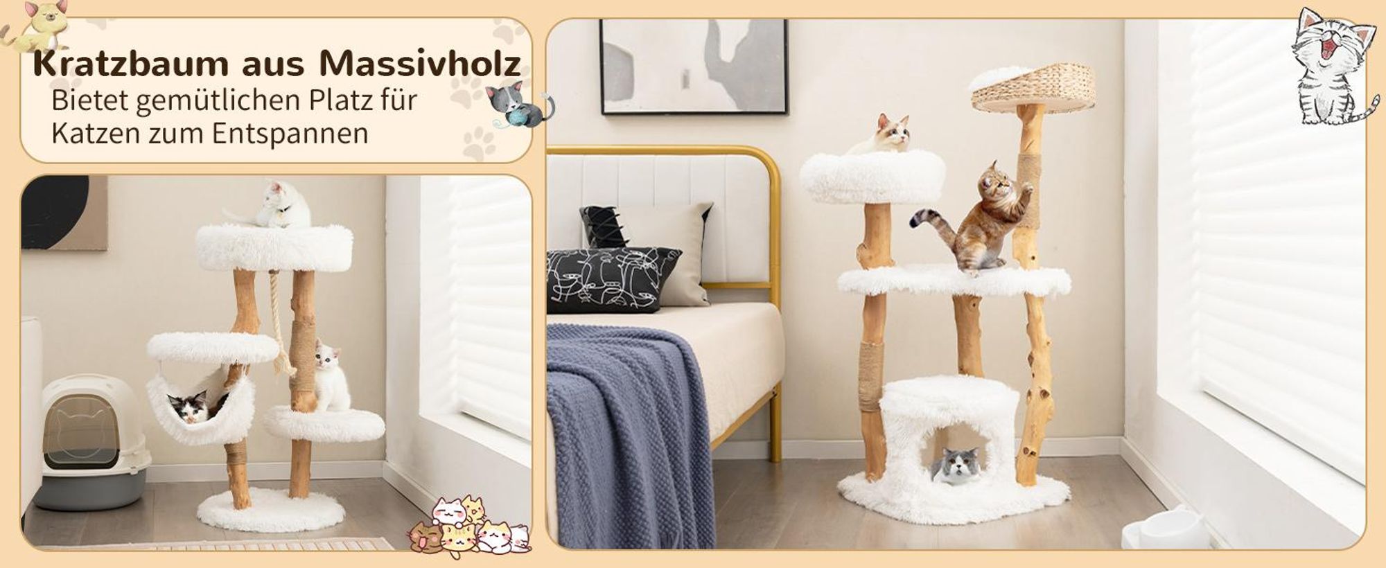 COSTWAY 124cm Kratzbaum Holz, Katzenmöbel Massivholz mit Katzenhöhle, Plüschsitzfläche, Sitzplattform & Kratzpfosten, Katzenkratzbaum Katzenbaum Weiß