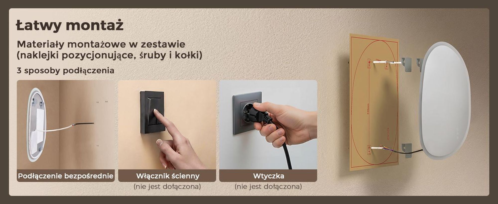 Lustro łazienkowe S'AFIELINA, oświetlane, 60x80 cm, asymetryczne, bez ramki, LED, 3 barwy światła, możliwość regulacji jasności, funkcja zapobiegająca parowaniu, funkcja pamięci