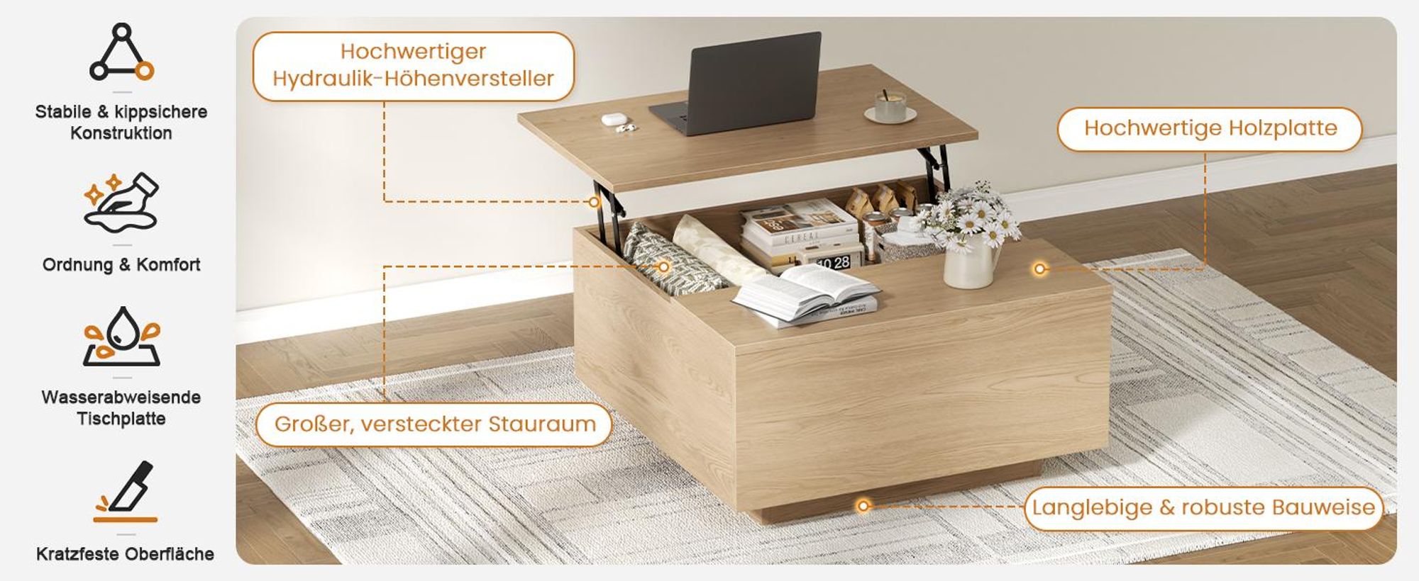 FABATO Couchtisch eckig, höhenverstellbar mit verstecktem Staufach, Landhaus-Design in Natur