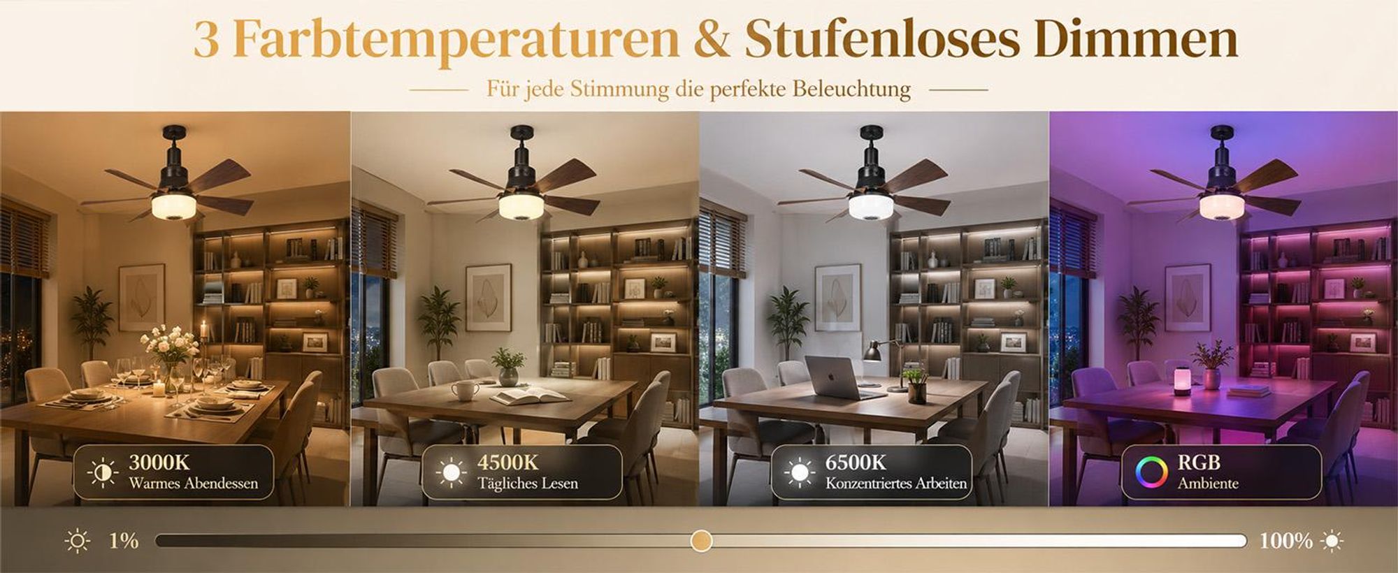 Deckenventilator mit Beleuchtung und Fernbedienung, E27 Fassung, RGB Dimmbar, 3 Windgeschwindigkeit, Einstellbar Höhen, Bluetooth Lautsprecher