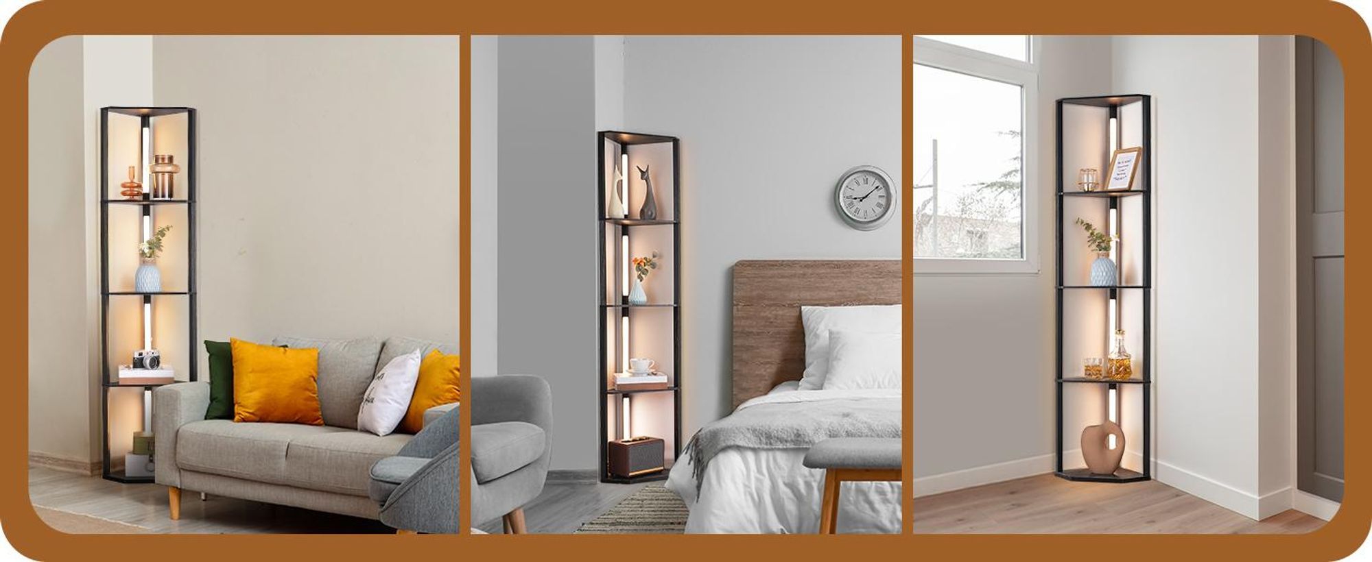 EDISHINE Stehlampe Dimmbar Wohnzimmer Schwarz, Standleuchte mit 4 Holz-Regal & 4 LED-Stangen 360° gedreht