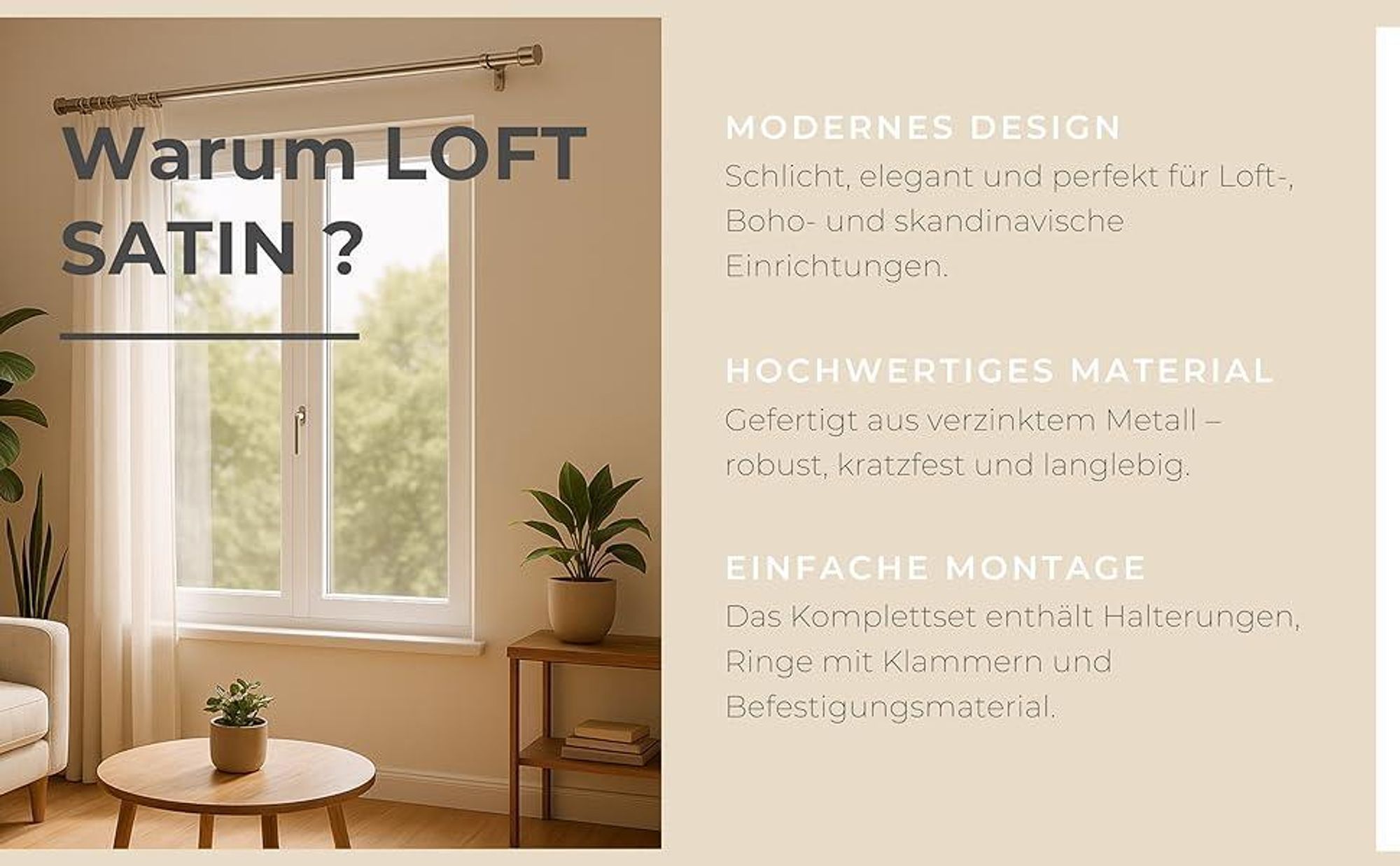 LOFT 280 cm Doppelte Gardinenstange 19 mm aus Metall mit Endstück CAPRI Komplettset mit Ringen und Clips Inklusive Montagezubehörset Farbe Satin