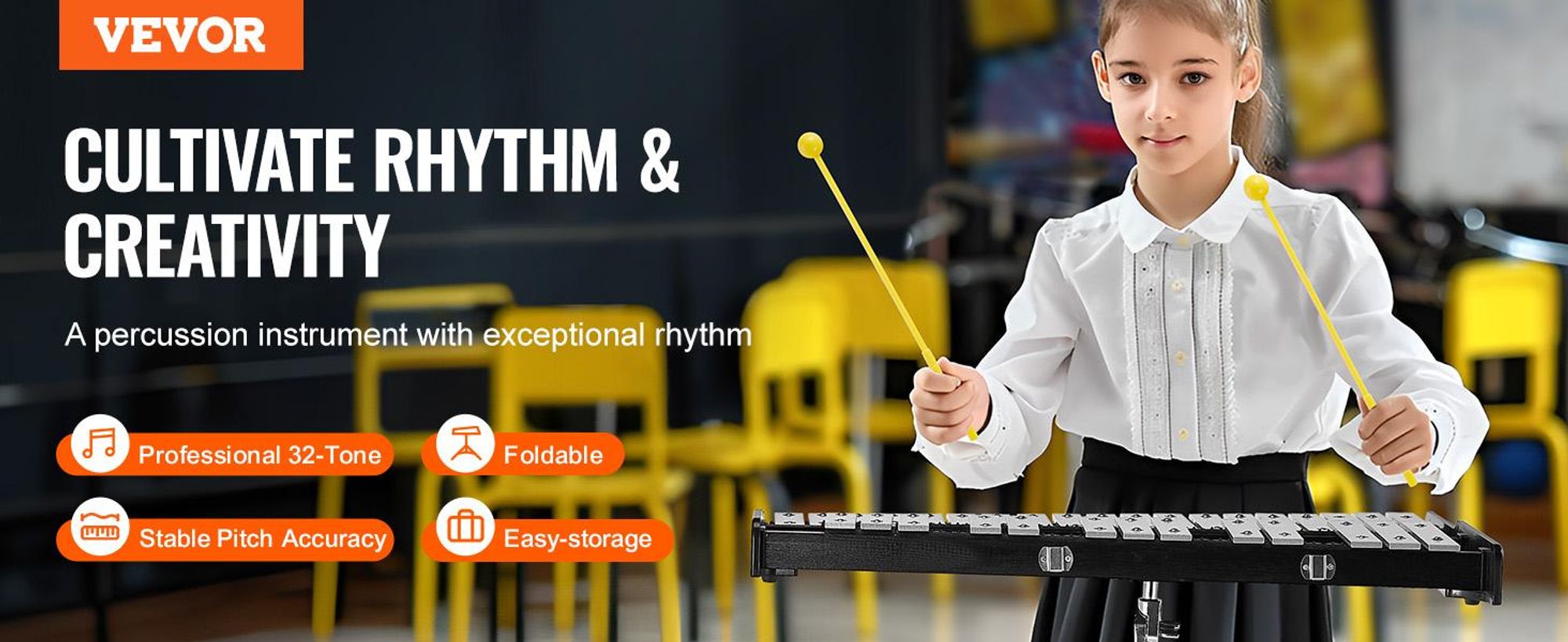 VEVOR Glockenspiel-Xylophon-Set mit 32 Tönen, Schlaginstrumenten-Set mit Schlägeln, Trommelstöcken, Notenständer, verstellbarem Ständer
