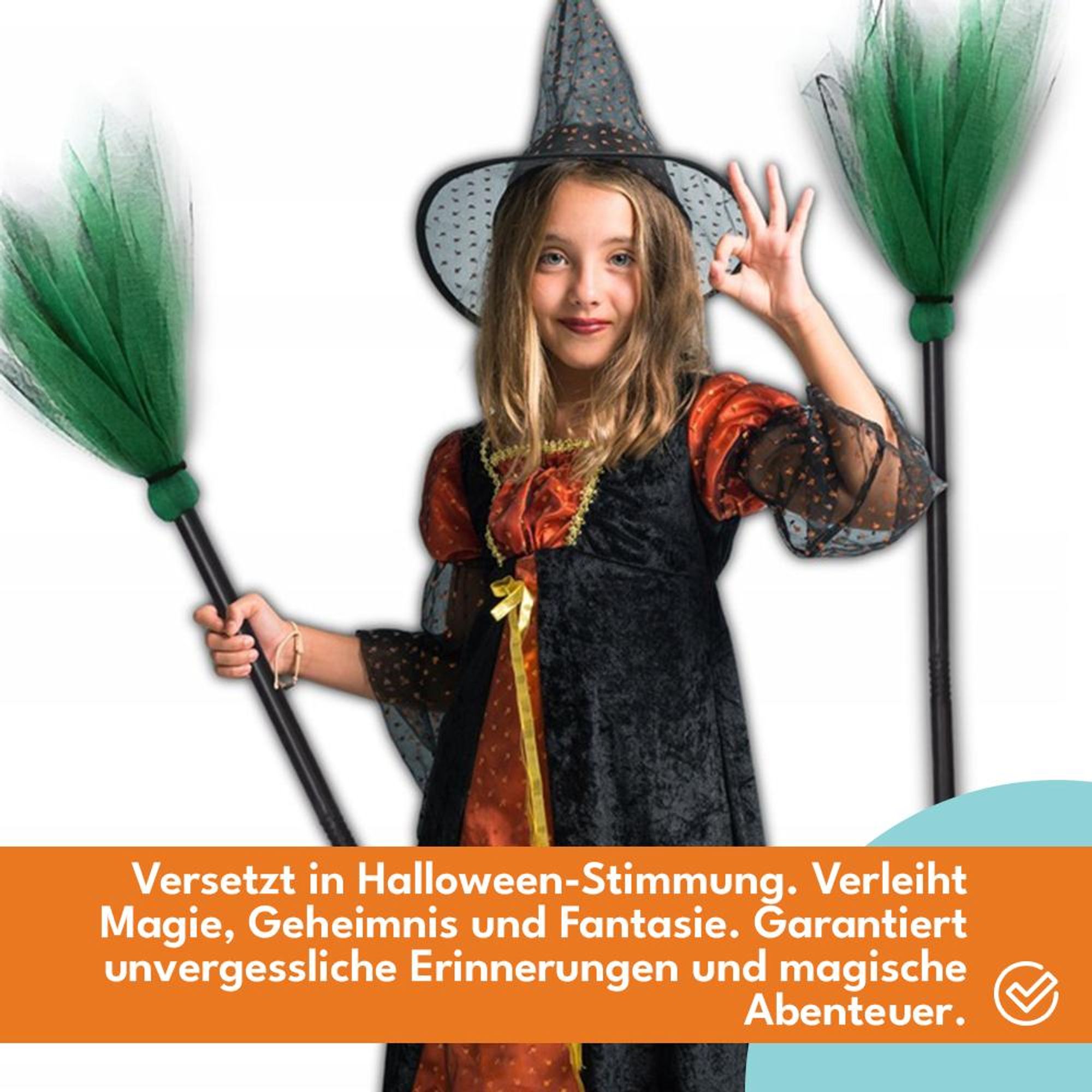 KRUMAD Hexenbesen Grün 87 cm – zusammenklappbar, leicht & stabil, Kostüm Zubehör für Kinder & Erwachsene, Halloween & Karneval