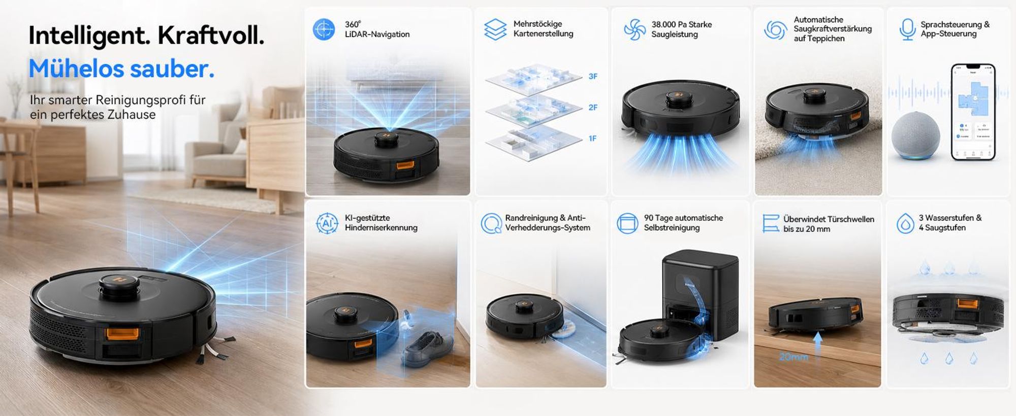 Staubsauger Roboter D8 PRO mit 38000Pa Saugkraft, Wischfunktion, 200min Laufzeit, LDS-Navigation, All-in-1-Entleerungsstation und Anti-Wickel-Bürste