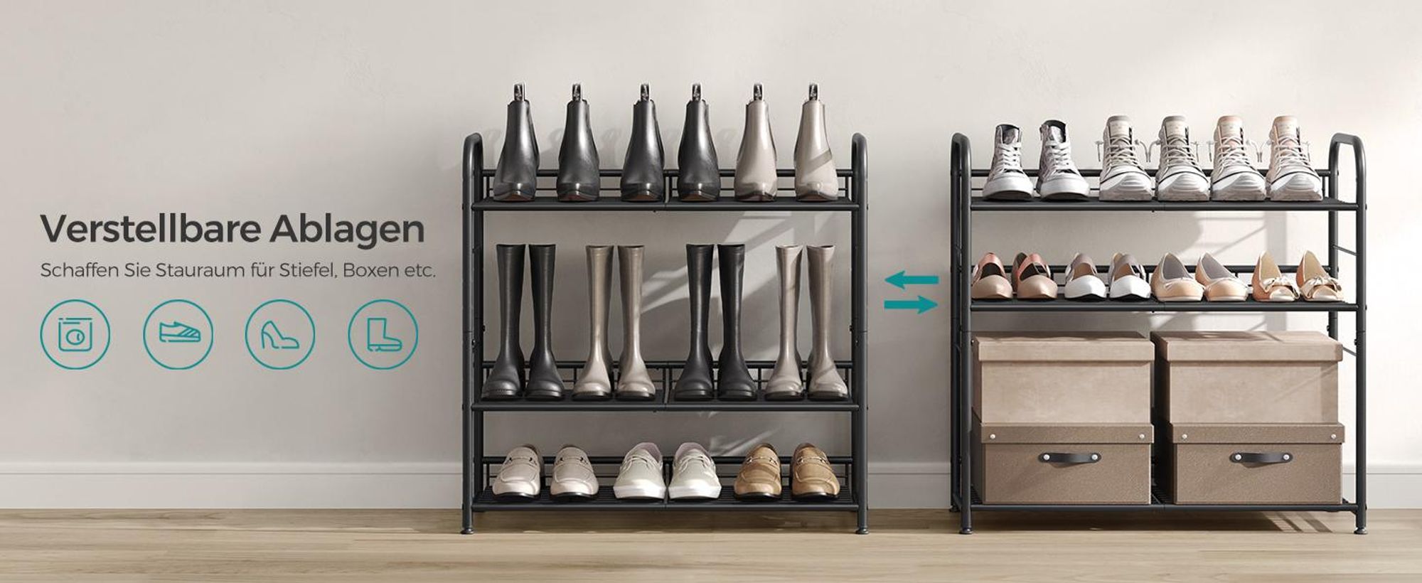 SONGMICS Schuhregal 4 Ablagen stapelbarer Schuh-Organizer für bis zu 16 Paar Schuhe