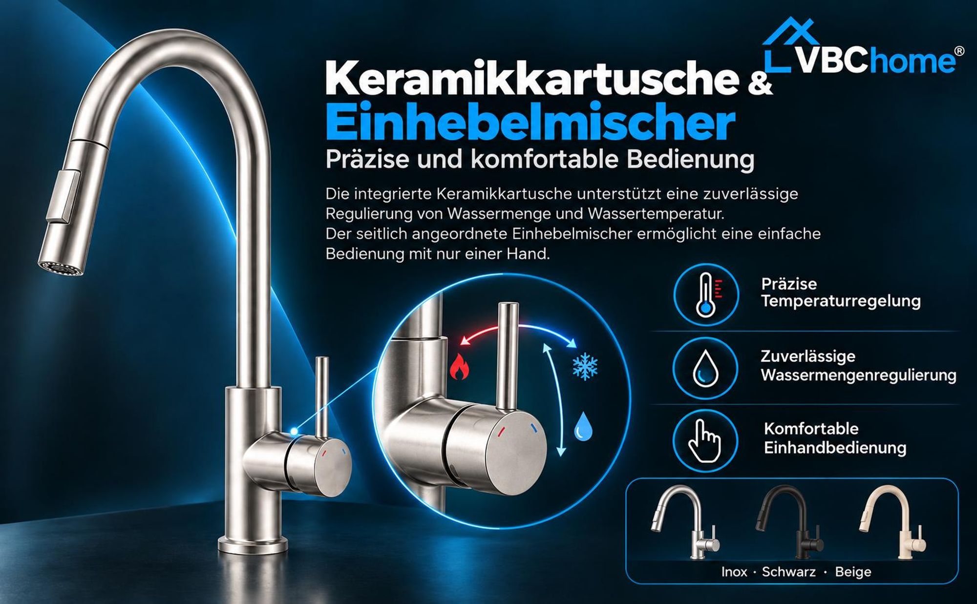 VBChome Küchenarmatur Beige mit ausziehbarer Brause 360° schwenkbar 2 Strahlarten Keramikkartusche Einhebelmischer Höhe 400 mm