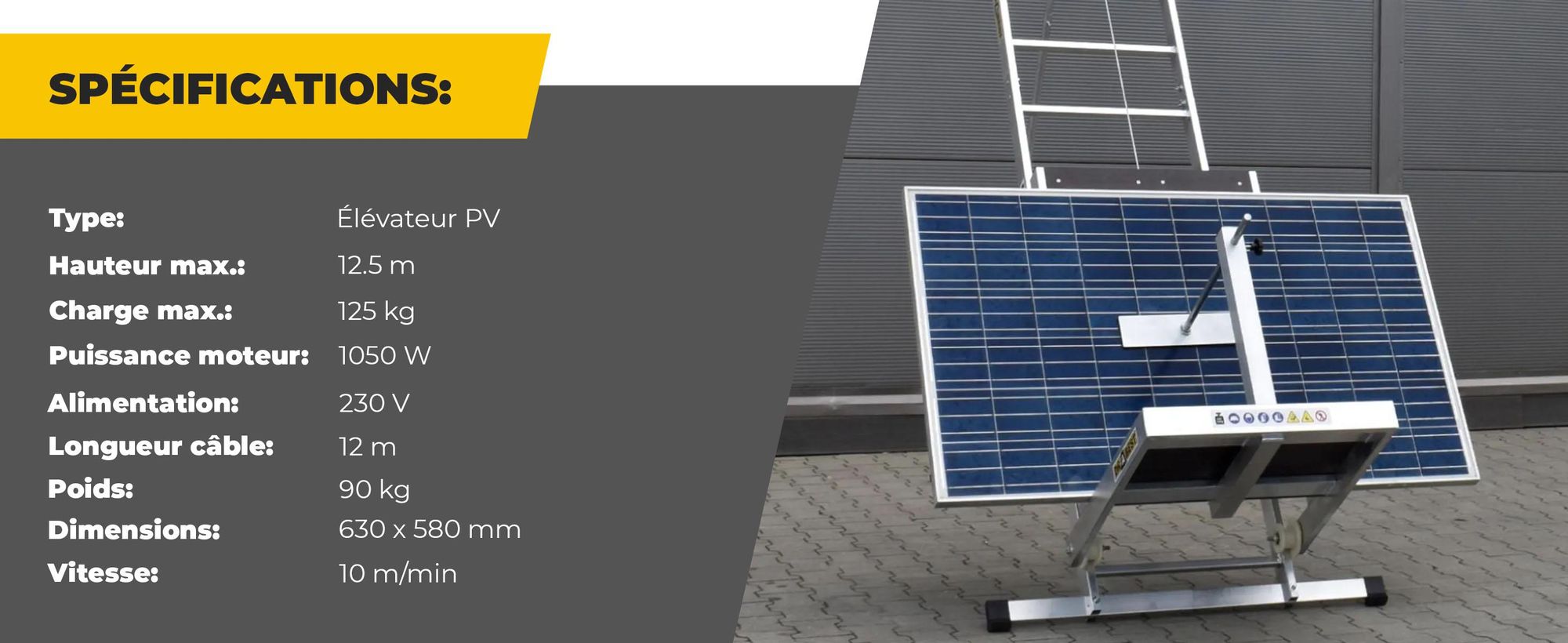 Drabest | Élévateur de toit pour systèmes photovoltaïques, en aluminium, 12,5 m, capacité de levage 125 kg, treuil électrique 230 V 1050 W, câble 12 m
