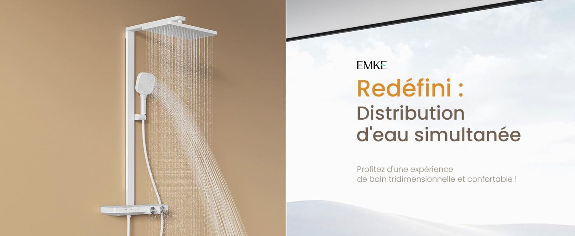 EMKE Système de douche avec thermostat design primé Colonne de douche blanche 360×240mm douche à effet pluie carrée, régulateur de débit, bec de baignoire F29