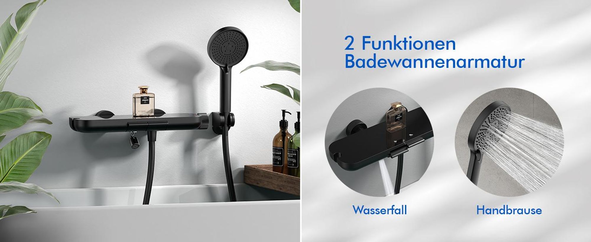 Homelody Brausebatterie-Set, Brausebatterie mit Handbrause & Ablage, Badewannenarmatur Brausehalter und Brauseschlauch inkl. Schwarz