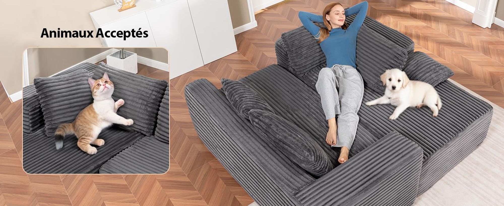 COMHOMA Sofa Big-Sofa, Canapé en L, Canapé d'angle, Chaiselongue Canapé-lit avec assise profonde et larges accoudoirs, tissu velours côtelé gris