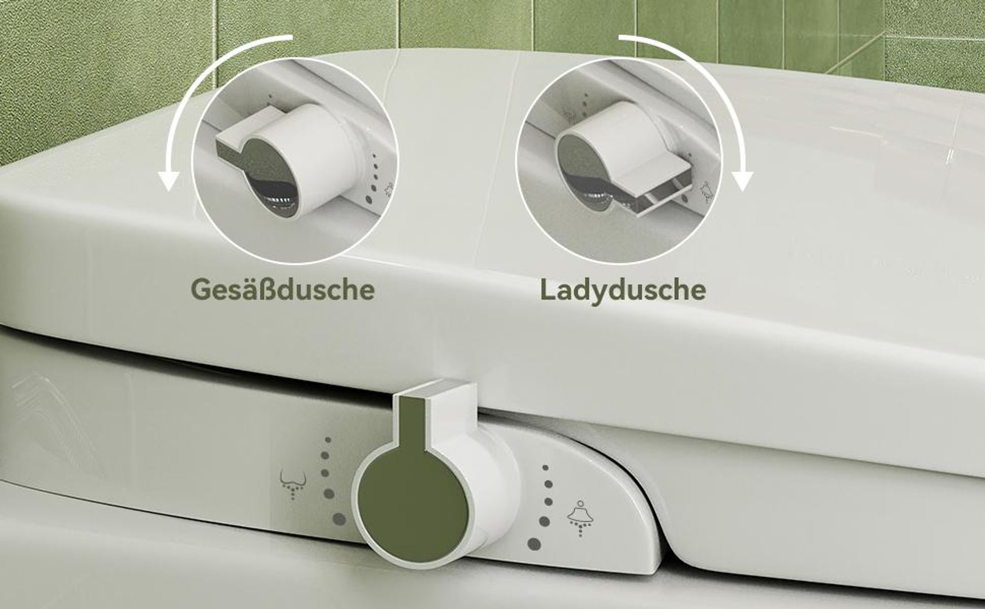Bidet Sitz für Toilette mit den praktischen Drehknöpfen mit verschiedene Reinigungsmodi.