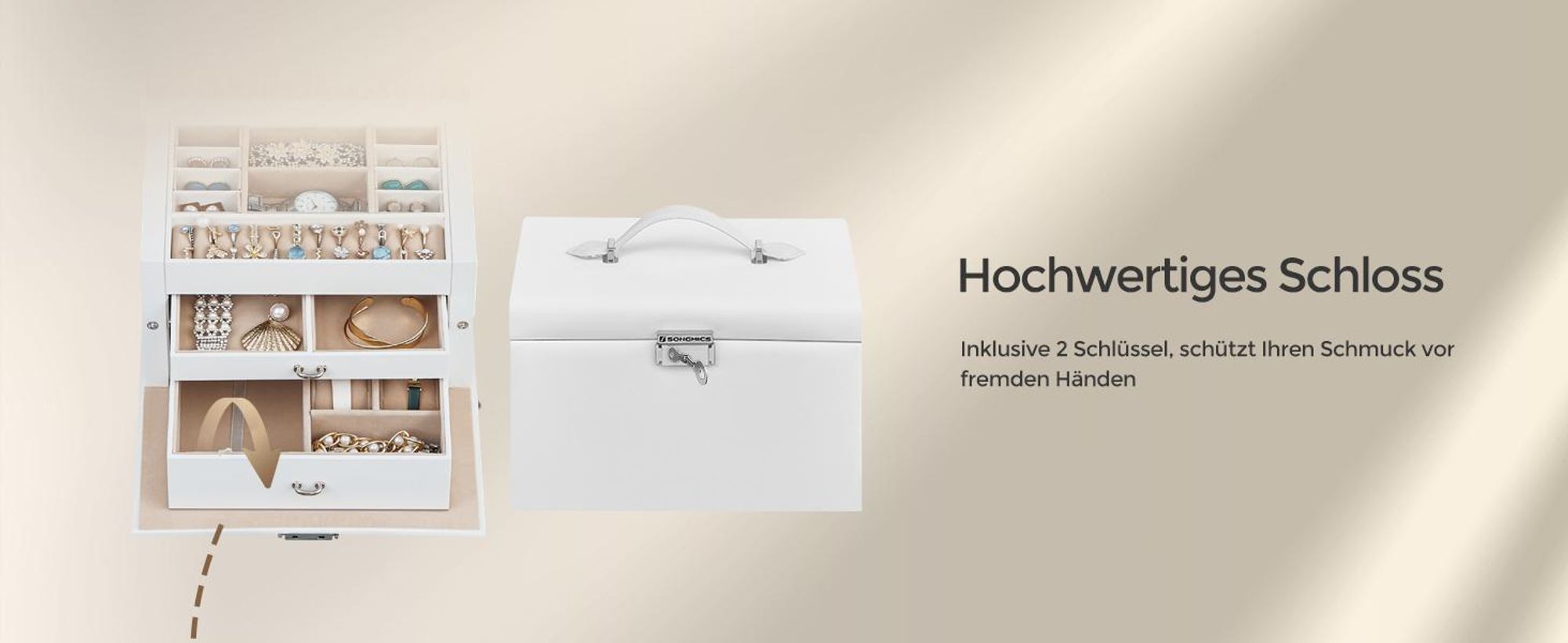 SONGMICS Schmuckkästchen 3 Ebenen, Schmuckschatulle mit 2 Schubladen, abschließbar