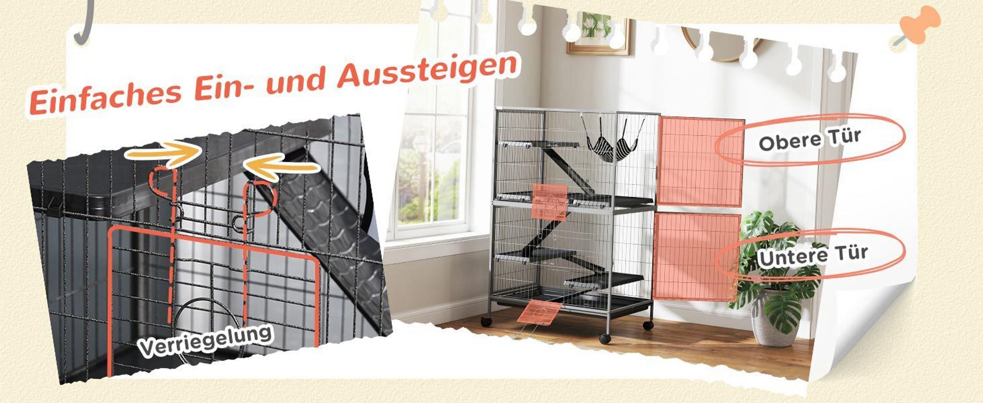 PawHut Kleintierkäfig mit Hängematte, Nagetierkäfig mit Rollen, 80 x 52 x 128 cm