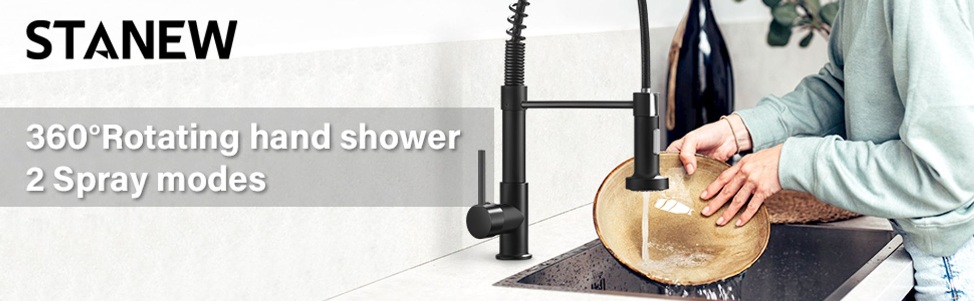 STANEW Wasserhahn Küche, Hochdruck Küchenarmatur Ausziehbar, Spültischarmatur mit Brause, 360°Schwenkbar Zwei Sprühfunktionen,Querstange für Geschirrtücher, Schwarz