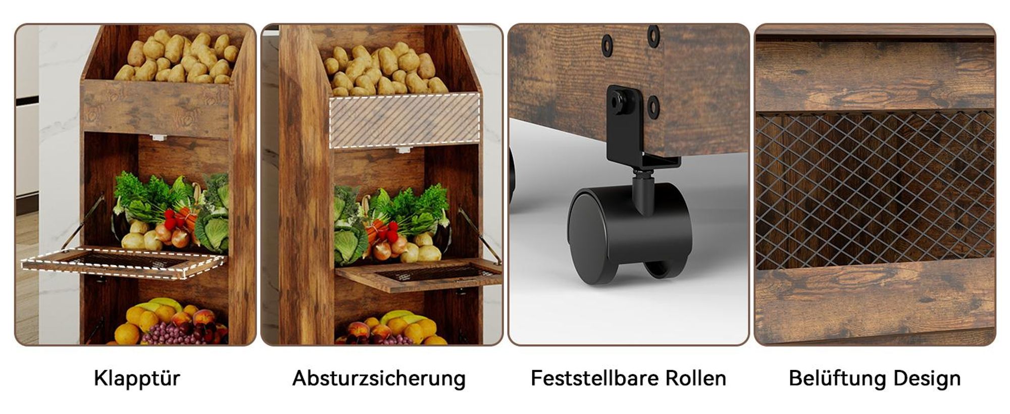 Puluomis Küchenregal Gemüsebehälter mit Rollen, Gemüsebox mit Belüftung und Brotfach, Aufbewahrung von Obst und Gemüse , Kartoffelbox schwarz braun