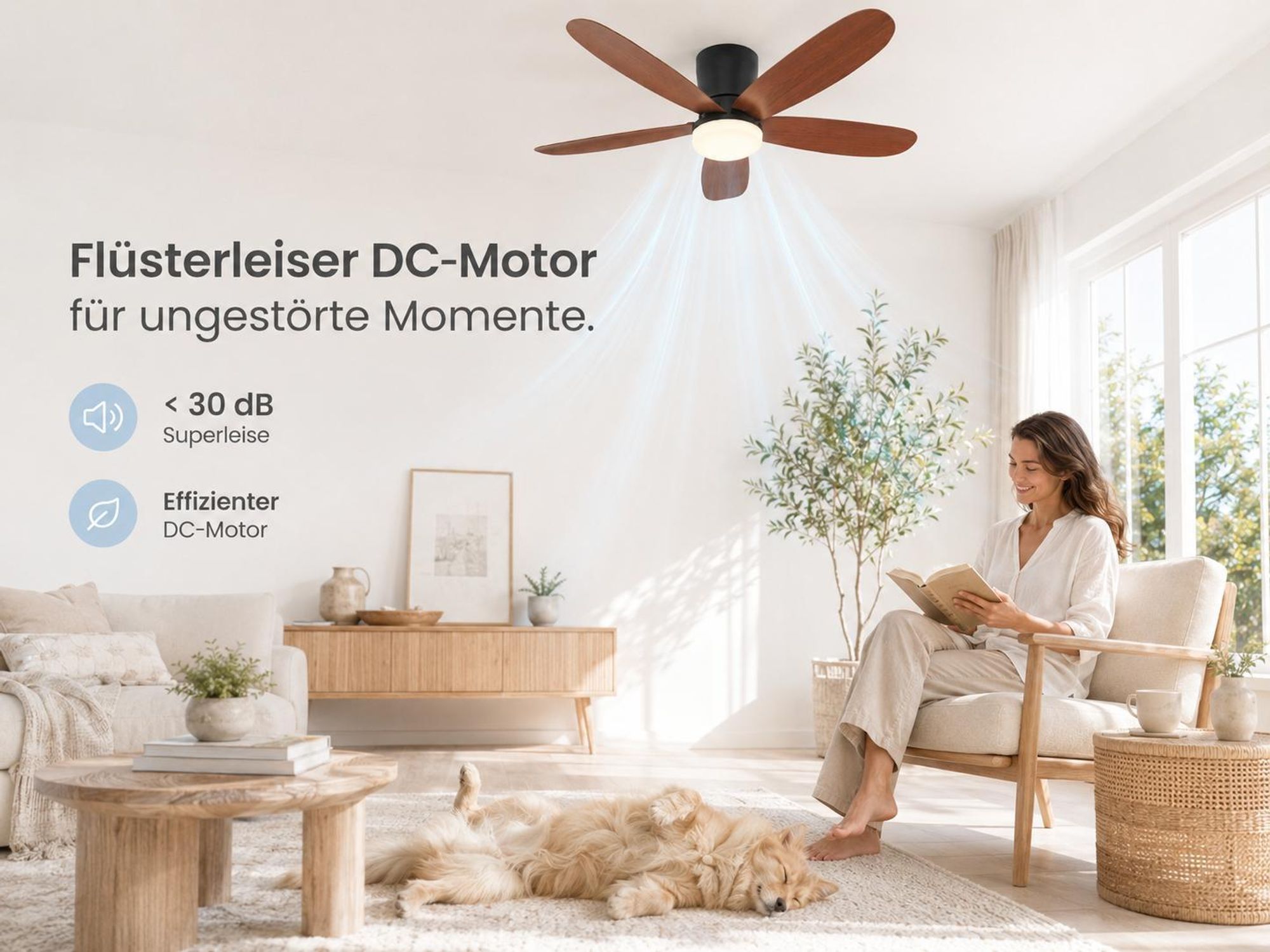 Ø106CM Deckenventilator mit LED Beleuchtung Smart App Fernbedienung Dimmbar 6 Windstufen, 3 Modi, Timer, 35W Leise LED Deckenleuchte mit Ventilator