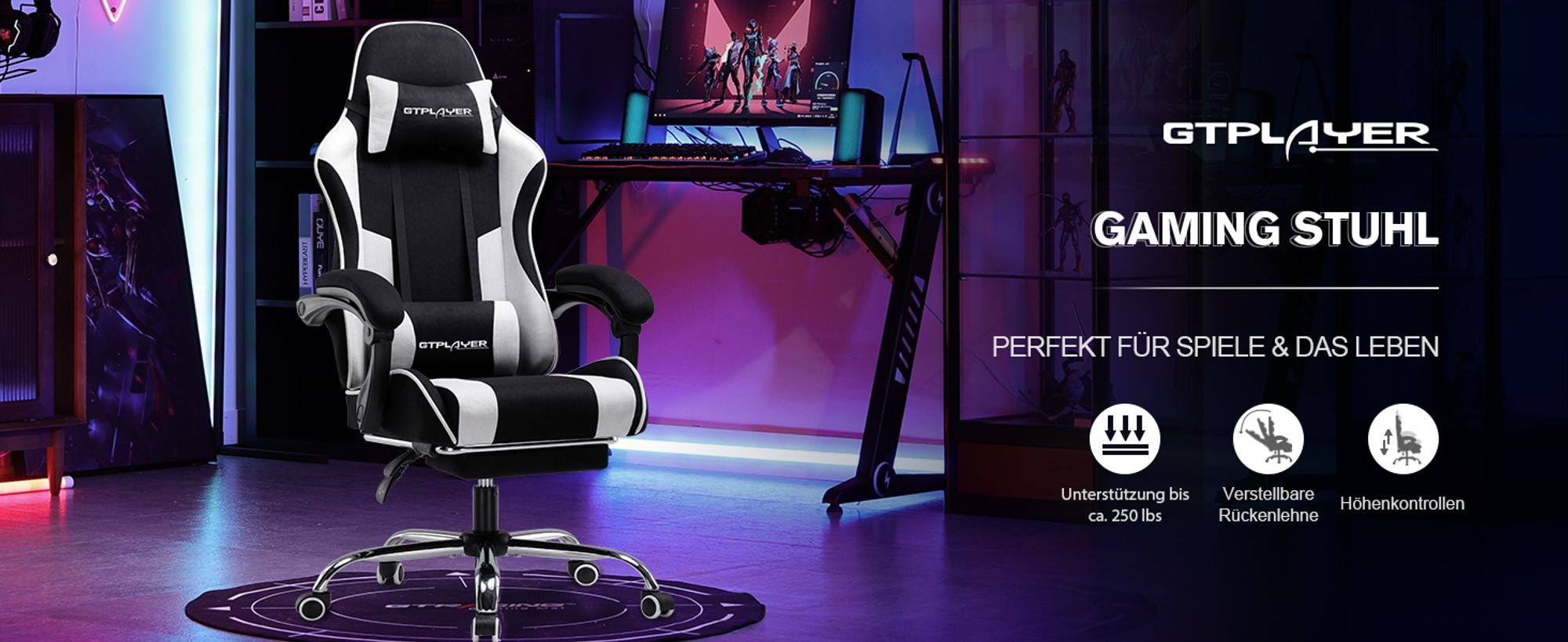 GTPLAYER Bürostuhl Gaming Stuhl Stoff Gaming Sessel Ergonomischer Gamer Stuhl mit Fußstütze, Kopfstütze Lendenkissen, Gepolstert Gaming Chair, weiß