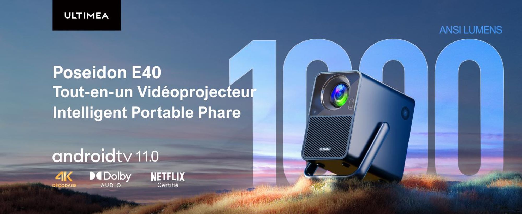 ULTIMEA Beamer Android TV 11.0 avec NETFLIX, 4K Home Cinema Beamer support 1000 ANSI-Lumen, Dolby Audio, Poseidon E40 Smart Series