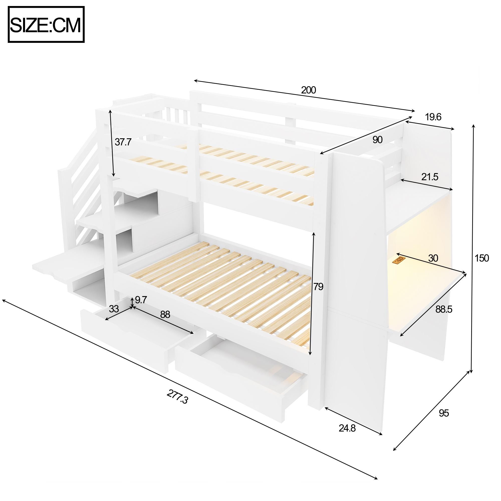 Flieks Etagenbett 90x200 cm mit Treppe, Doppelstockbett mit Schreibtisch und Schubladen, Hochbett mit LED-Lichtleiste und Steckdose, Weiß, Holz