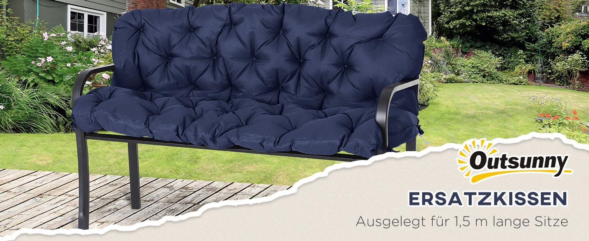 Outsunny 3 Sitzer Bankauflage 150x98x8 cm, Bankkissen mit Bändern, Sitzkissen, Outdoor/Indoor Stuhlkissen, Sitzauflage, Sitzpolster für Gartenmöbel, Fensterbank Sitzbank, Hollywoodschaukel, Dunkelblau