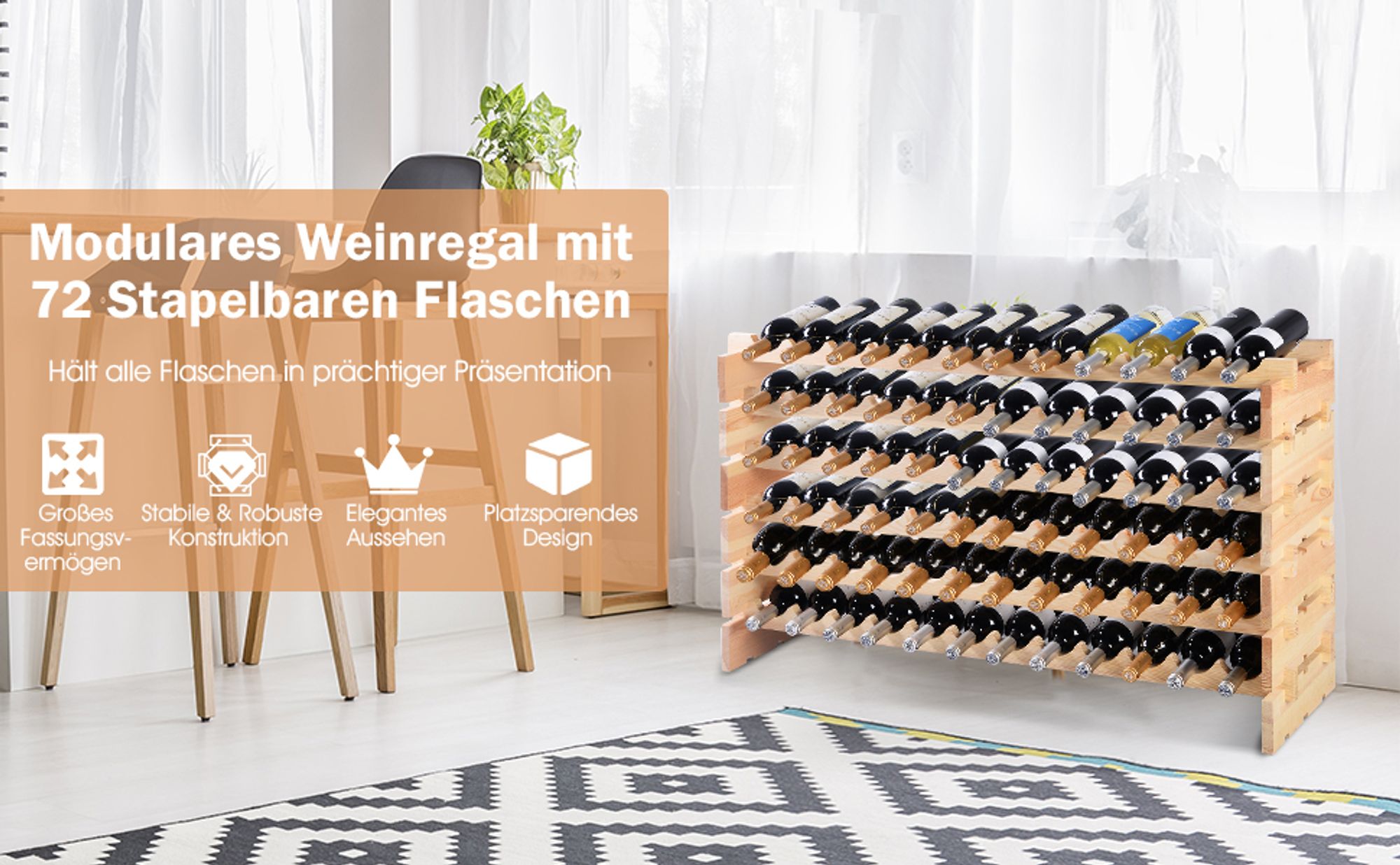 Weinregal für 72 Flaschen, Flaschenregal stapelbar aus Kiefernholz, Weinständer 119x29x71,5 cm