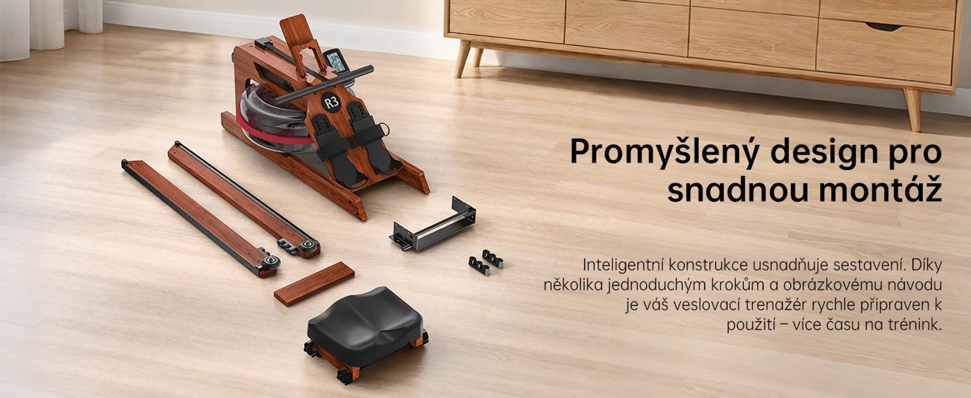 JASPORT R3 skladací vodný veslovací trenažér na doma z ho dubového dreva Bluetooth, LCD, Kinomap, 28 l, do 150 kg – Sapele