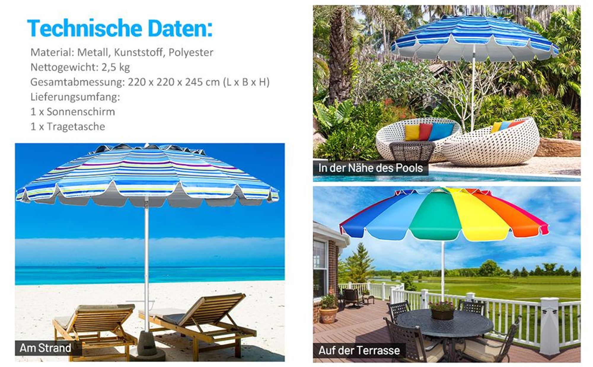 COSTWAY Sonnenschirm Strandschirm Marktschirm Gartenschirm neigbar Terrassenschirm mit Verankerung für Garten, Strand, Outdoor