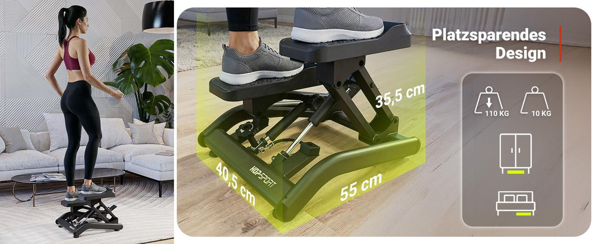 HOP SPORT Mini-Stepper für Zuhause 2 in 1 Up-Down Stepper HS-050B, Hometrainer für Zuhause mit LCD-Display, Fitnesstrainer leise rutschfest