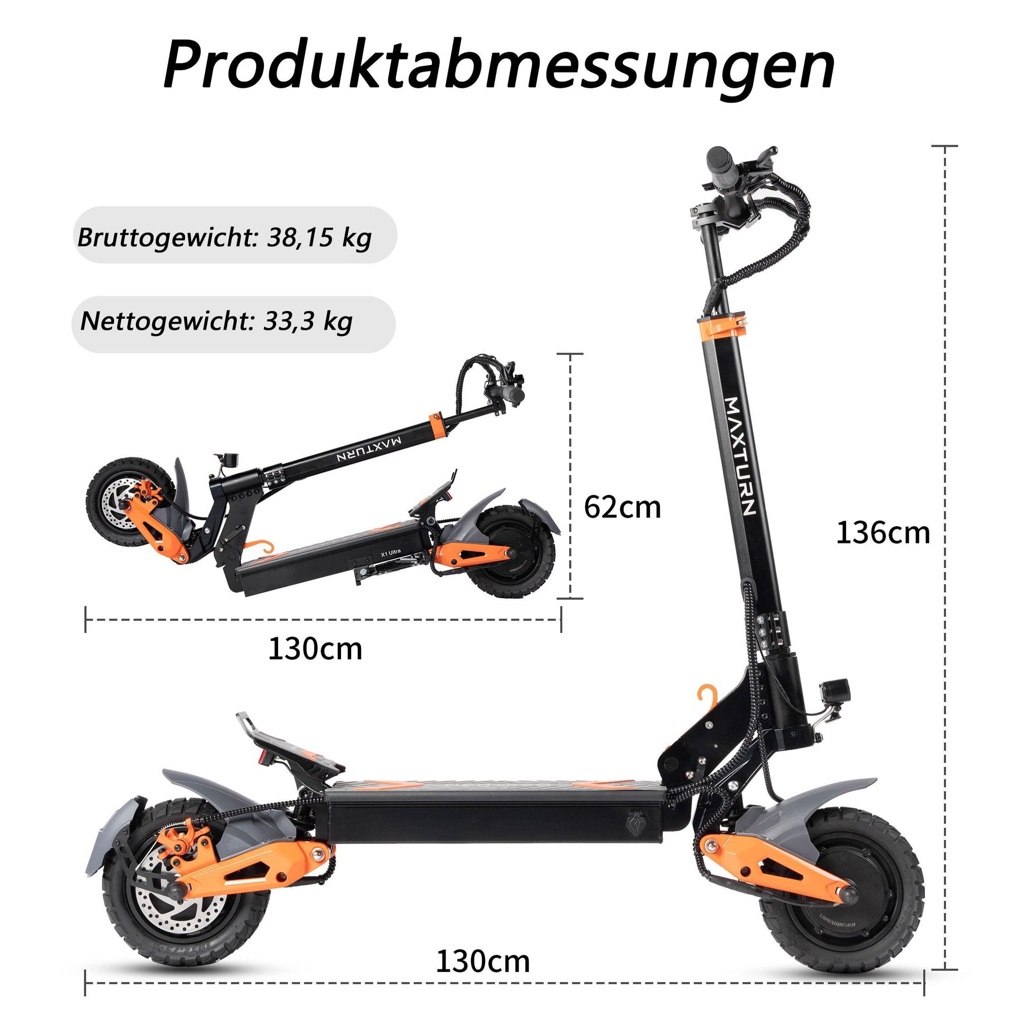 MAXTURN X1 Ultra - 48V20.8Ah 10'' E-Scooter Elektroroller Aluminiumrahmen - Schwarz