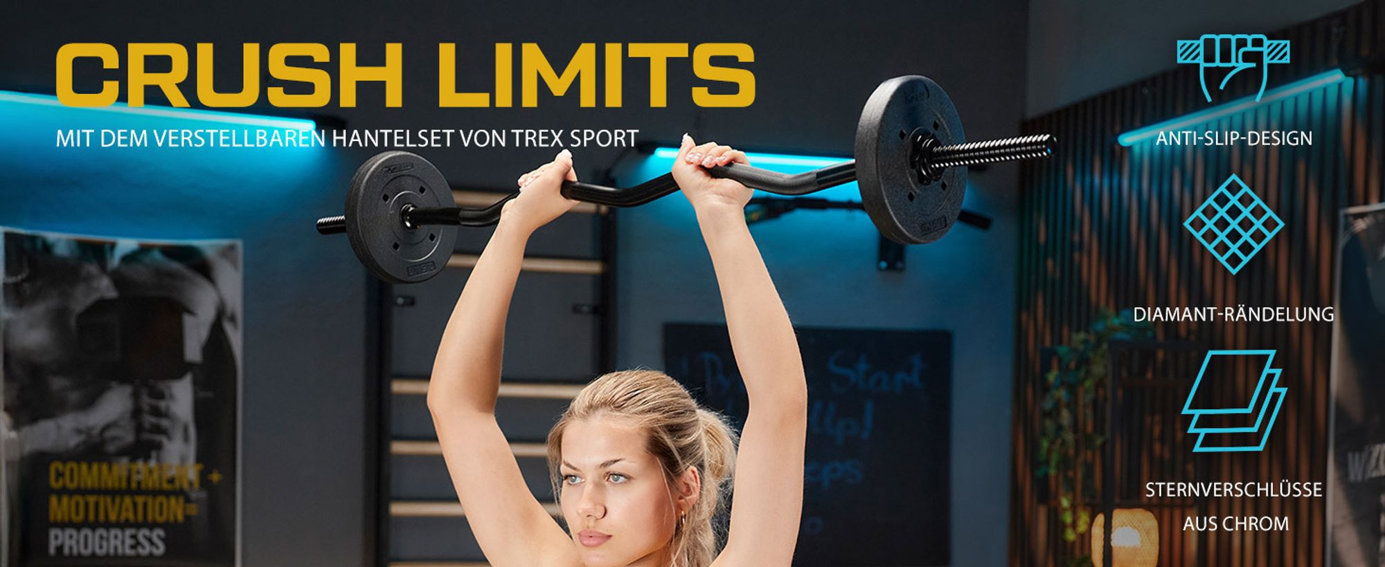 TREX SPORT Langhantelstange SZ Curlstange TX-120LCP | 120 cm Stahl Hantelstange für Krafttraining, 25 mm | Sternverschlüsse, bis 100 kg Belastbarkeit