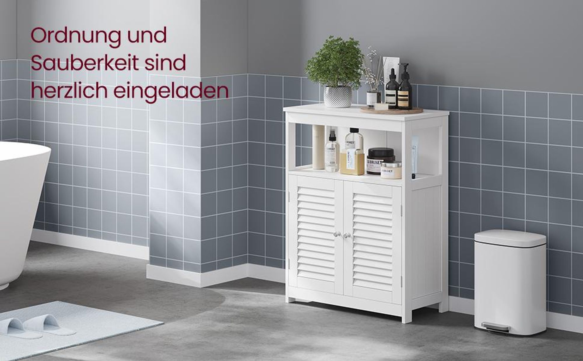 VASAGLE Badkommode Badezimmerschrank mit offenem Fach mit 2 Türen Weiß
