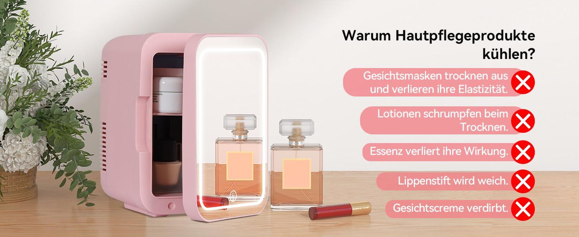 Puluomis Mini Kühlschrank 4L mit LED Spiegel tragbar für Kosmetik, Kühlbox Warmbox rosa pink