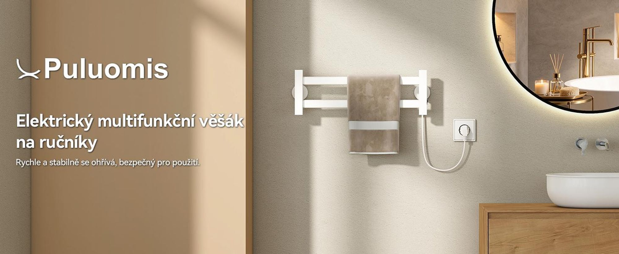 Elektrický topný žebřík Puluomis, vyhřívaná věšák na ručníky s jednokomorovým spínačem, konstantní teplota 55°C, vodotěsnost IPX4, bílý, rozměry 48,5 x 16,5 cm