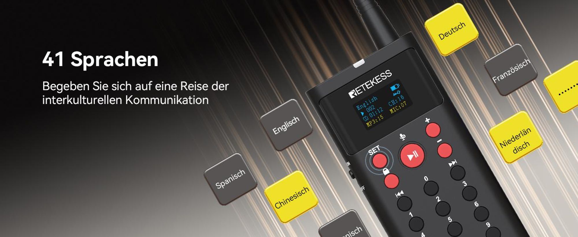 Retekess TT127 Tour Guide System, Selbstgeführtes Toursystem, 200 Meter, 41 Sprachen, 3 Modi, 16GB, mit TT123-Mikrofon, für Museen, Reisen, Kirche