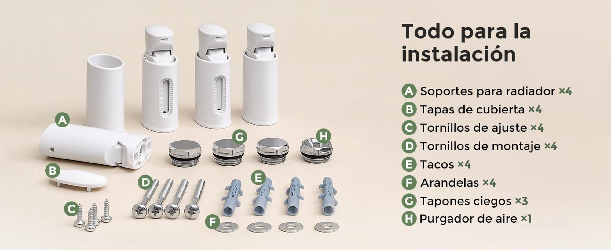 Soportes para radiador toallero, juego de 4, blancos, para tubos redondos rectos Ø22–25 mm, Distancia entre ejes 40–45 mm, ajuste de 20 mm, 1 pieza