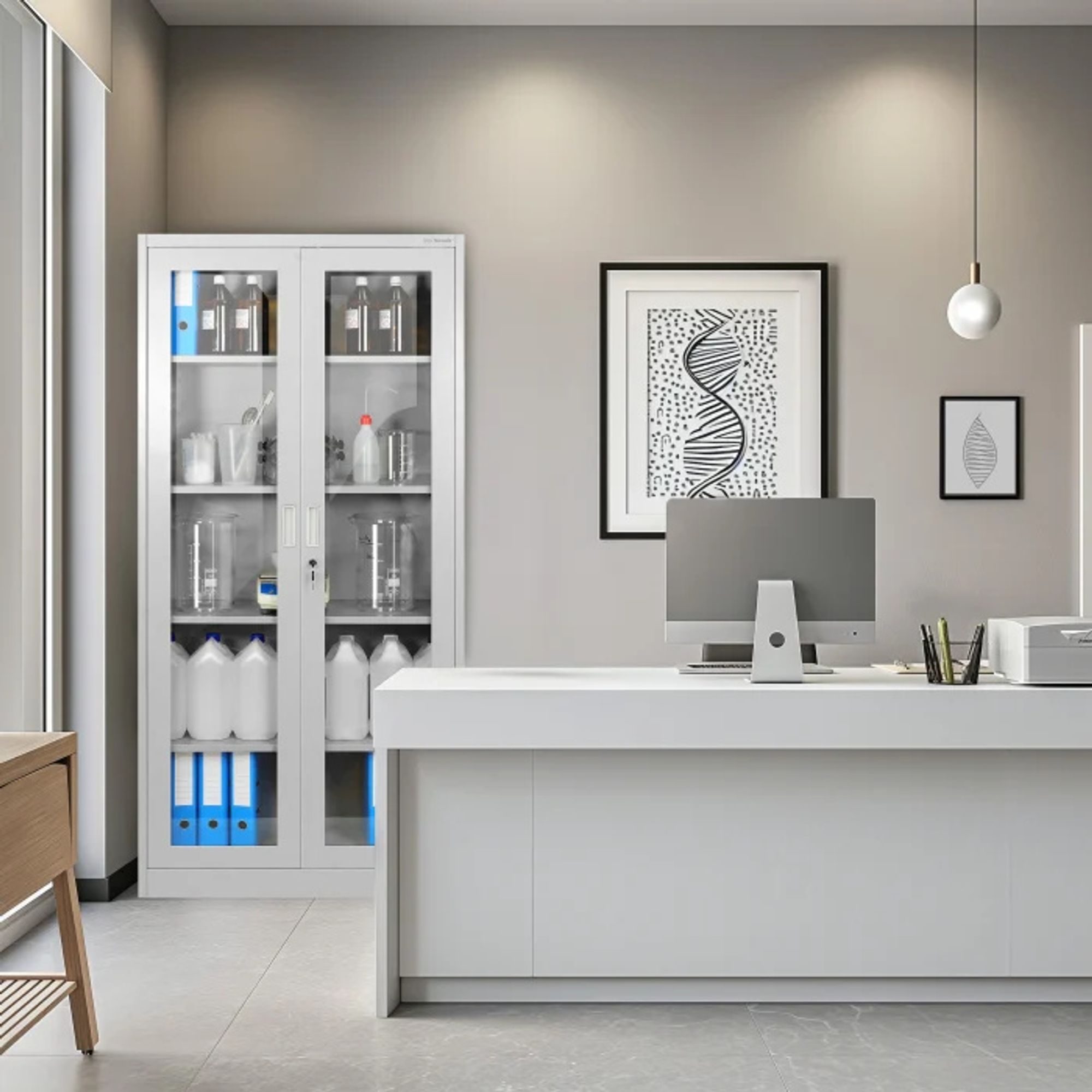 Aktenschrank Medizinschrank Büroschrank Flügeltürschrank Glasvitrine 4 Fachböden Stahl Abschließbar 185 cm x 90 cm x 40 cm Farbe: Grau