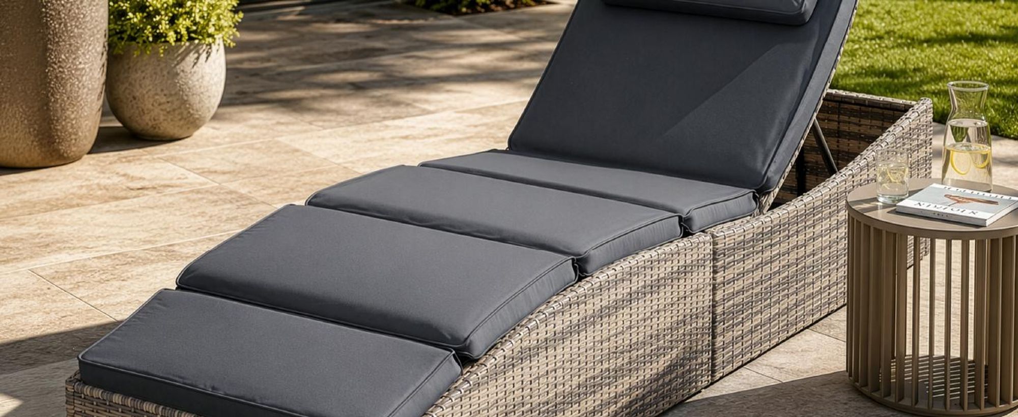 Juskys Sonnenliege Lamia klappbar - Polyrattan Gartenliege mit Auflage - Grau
