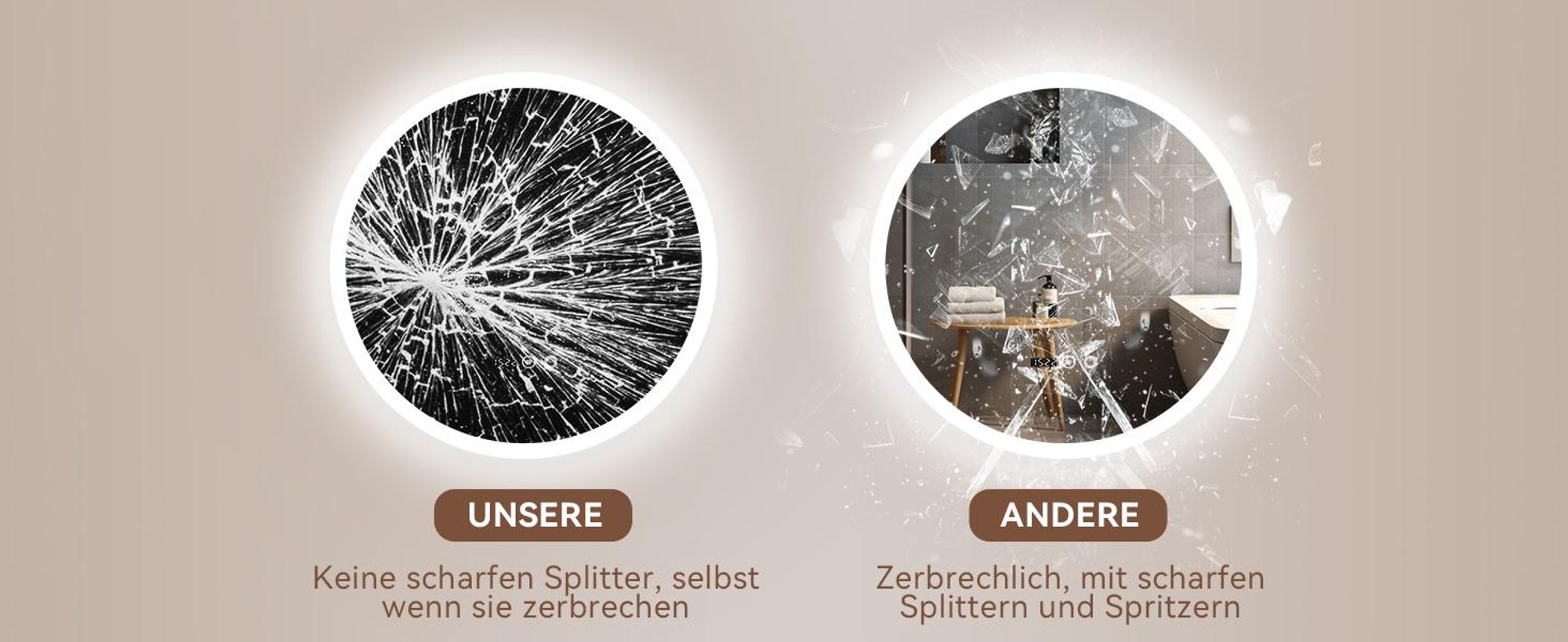 Puluomis Badspiegel beschlagfrei 50cm mit Uhr Temperatur, 3 Farbe dimmbare Helligkeit LED Beleuchtung,Badezimmerspiegel 6500k spritzwassergeschützt