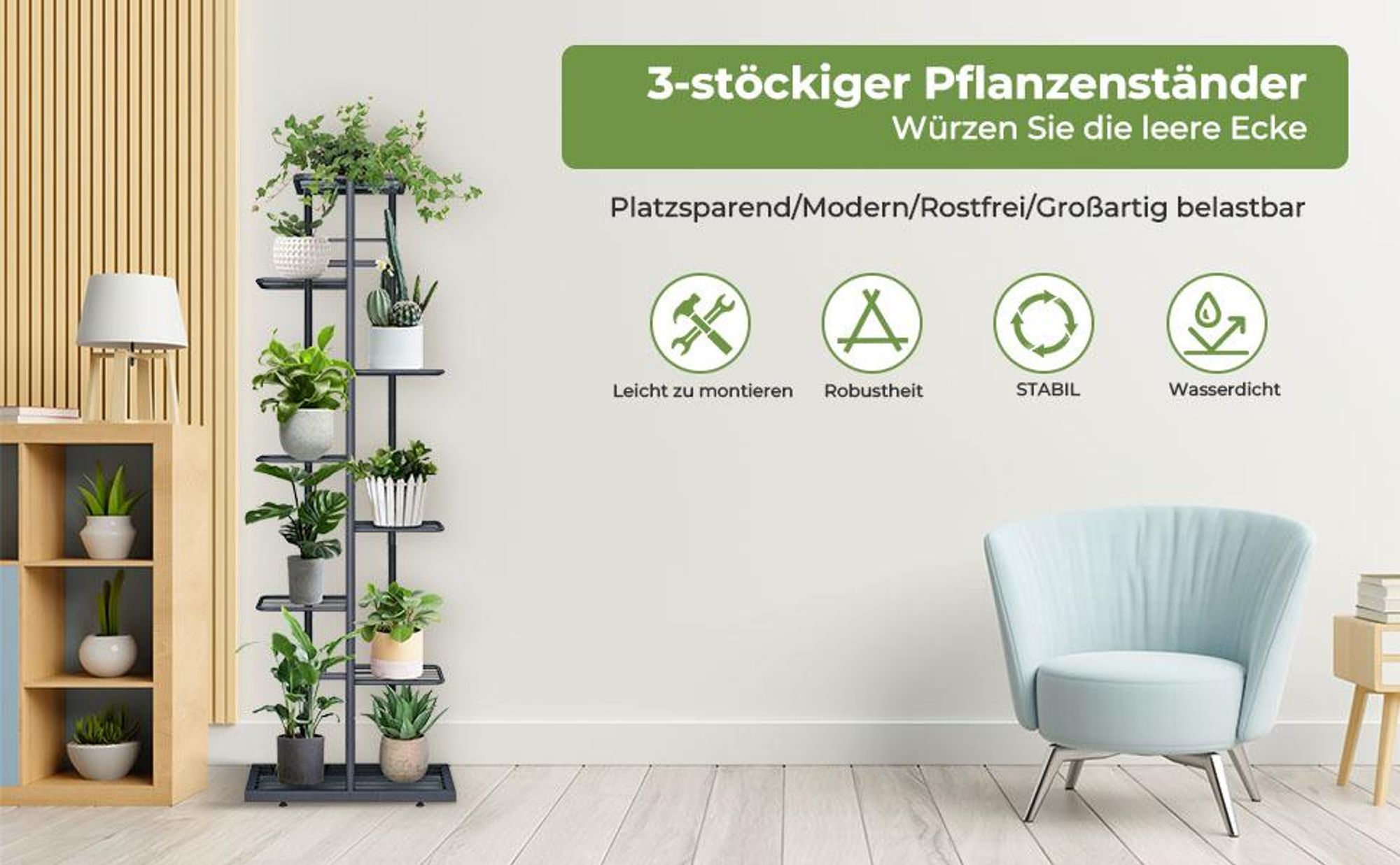 Mulisoft Metall Blumenregal Pflanzenregal 8-Tier 9 Töpfe, Mehrstöckig Blumenständer Pflanzenständer Blumenbank Blumentreppe Pflanzentreppe(Dunkelgrau)
