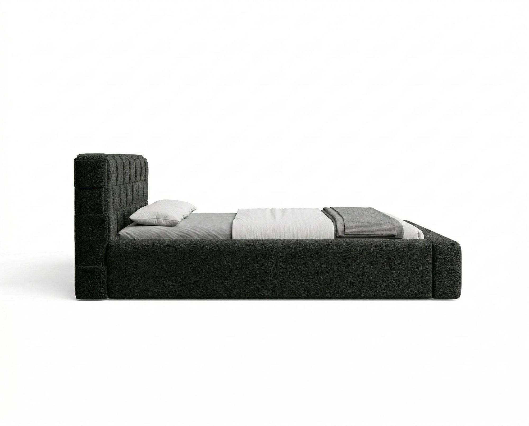 Chilly Möbel Design Bett Cube - Geometrisches Polsterbett mit Stauraum, Lattenrost und stabilem Metallrahmen 140x200 cm / Bouclé / Schwarz