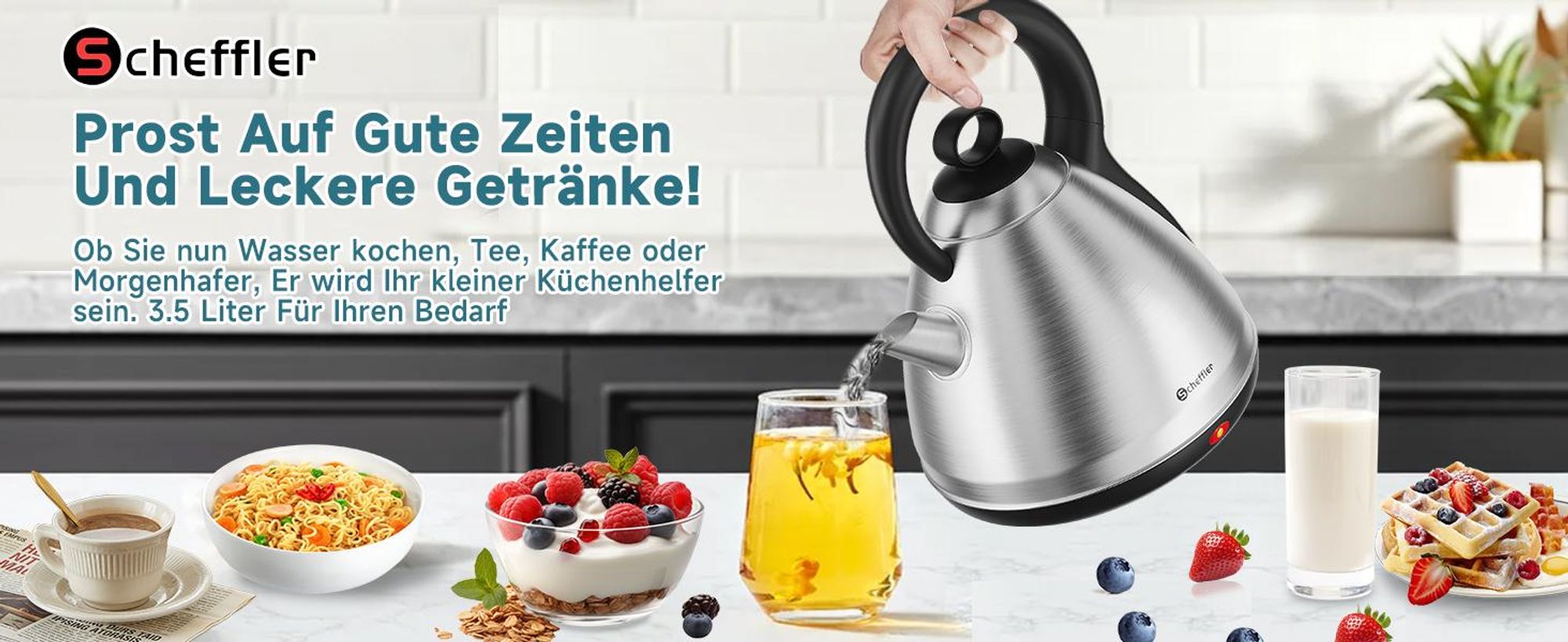 SCHEFFLER Wasserkocher Edelstahl 3,5Liter Teekocher Elektrischer Trockengehschutz Schnellkochfunktion Perfect-pour-Ausgustülle Fester Filter BPA-frei